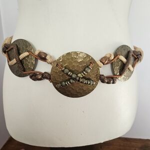 Vintage Hammered Metal Antiqued Brass-tone, Beads, & Brown Cording Stretch Belt